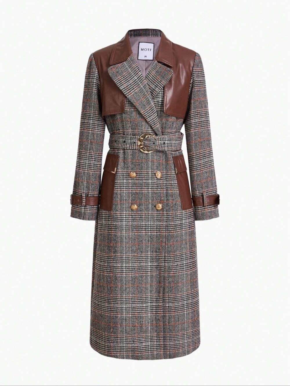 MOTF Plaid Faux Leather Trim Trench Coat Dress Belted Gold Button Size M
